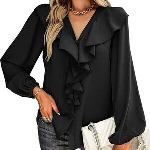 Women's V Neck Ruffle Front Button Down Long Sleeve Blouse Top Shirt Black Small